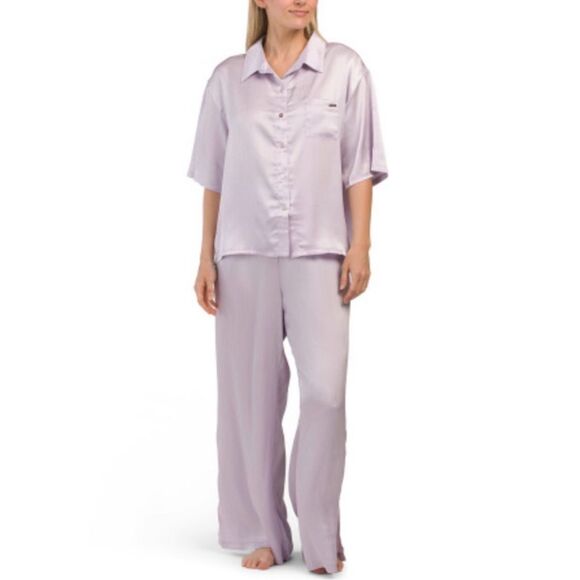 Jason Wu L & XL Lavender Button Front Short Sleeve Top Pants Crinkle Satin PJ - Picture 1 of 16